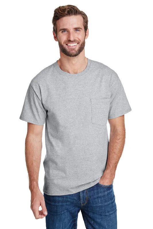 Men’s short-sleeve glib tops-Hanes Mens Workwear UPF 50+ Short Sleeve Crewneck T-Shirt w/ Pocket - Light Steel Grey