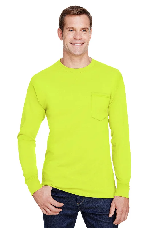 Men’s short-sleeve field shirts-Hanes Mens Workwear UPF 50+ Long Sleeve Crewneck T-Shirt w/ Pocket - Safety Green