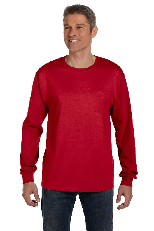 Men’s short-sleeve glum polos-Hanes Mens ComfortSoft Long Sleeve Crewneck T-Shirt w/ Pocket - Deep Red