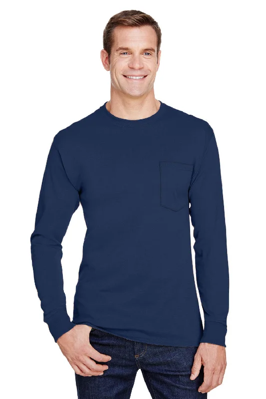 Men’s short-sleeve plush polos-Hanes Mens Workwear UPF 50+ Long Sleeve Crewneck T-Shirt w/ Pocket - Navy Blue