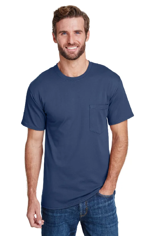 Men’s short-sleeve gauzy tops-Hanes Mens Workwear UPF 50+ Short Sleeve Crewneck T-Shirt w/ Pocket - Navy Blue