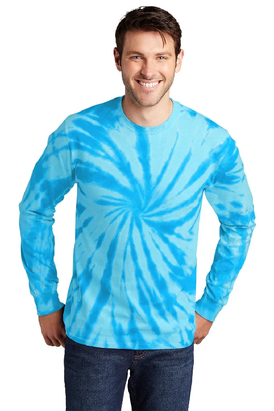 Men’s short-sleeve glib tops-Port & Company Mens Tie-Dye Long Sleeve Crewneck T-Shirt - Turquoise Blue