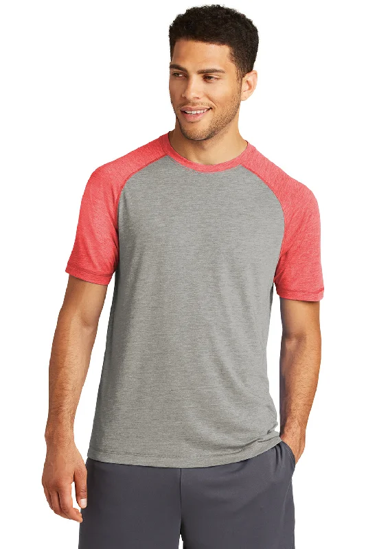 Men’s short-sleeve oust tees-Sport-Tek Mens Moisture Wicking Short Sleeve Crewneck T-Shirt - Heather Light Grey/Heather True Red - Closeout