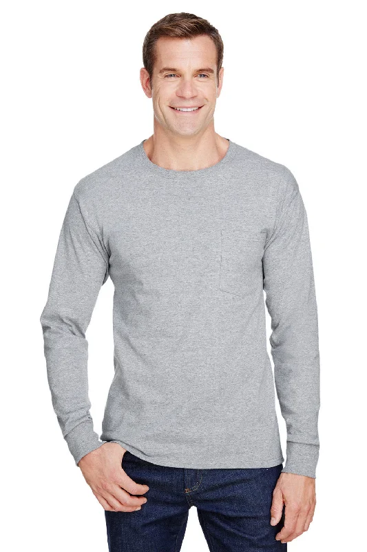 Men’s short-sleeve sleek fit tops-Hanes Mens Workwear UPF 50+ Long Sleeve Crewneck T-Shirt w/ Pocket - Light Steel Grey