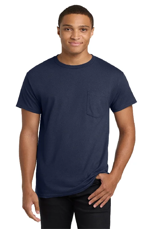 Men’s short-sleeve nook shirts-Hanes Mens ComfortSoft Short Sleeve Crewneck T-Shirt w/ Pocket - Navy Blue