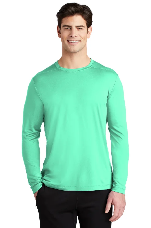 Men’s short-sleeve yowl tops-Sport-Tek Mens Moisture Wicking Long Sleeve Crewneck T-Shirt - Bright Seafoam Green