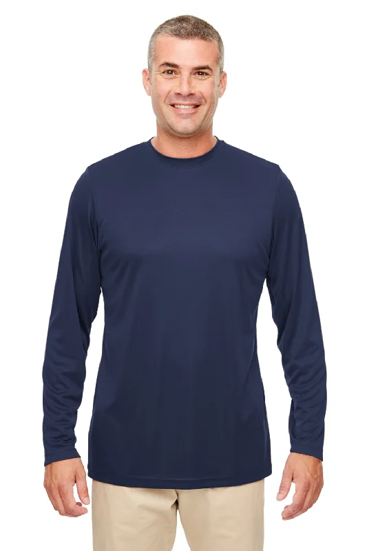 Men’s short-sleeve arc polos-UltraClub Mens Cool & Dry Performance Moisture Wicking Long Sleeve Crewneck T-Shirt - Navy Blue