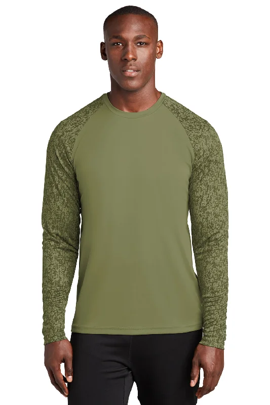 Men’s short-sleeve apex tops-Sport-Tek Mens Digi Camo Moisture Wicking Long Sleeve Crewneck T-Shirt - Olive Drab Green