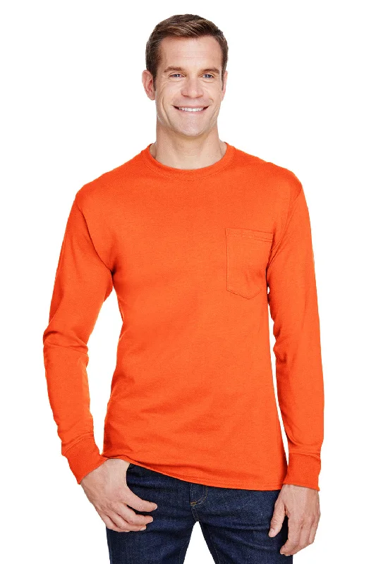 Men’s short-sleeve jolt shirts-Hanes Mens Workwear UPF 50+ Long Sleeve Crewneck T-Shirt w/ Pocket - Safety Orange