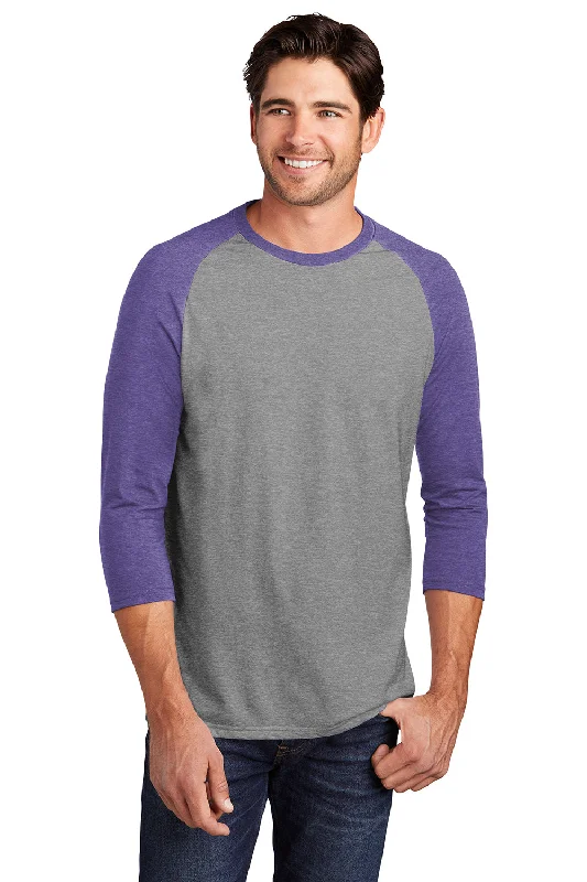 Men’s short-sleeve kink polos-District Mens Perfect Tri 3/4 Sleeve Crewneck T-Shirt - Grey Frost/Purple