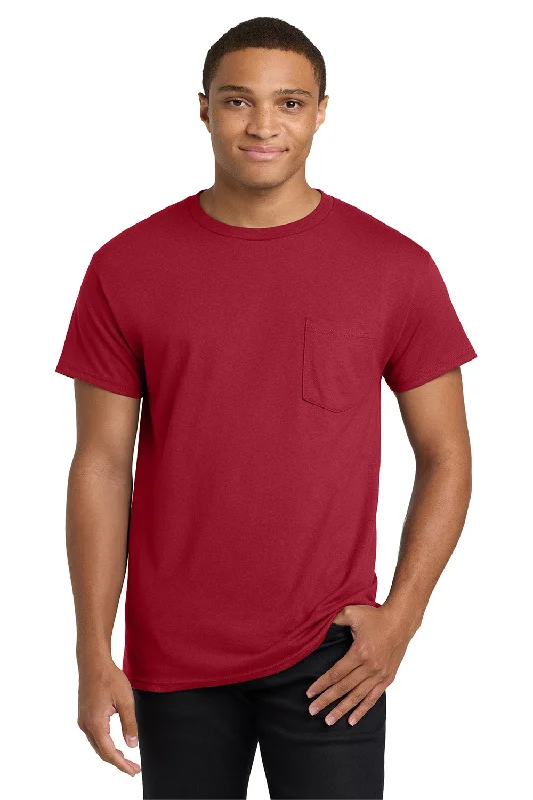 Men’s short-sleeve quip polos-Hanes Mens ComfortSoft Short Sleeve Crewneck T-Shirt w/ Pocket - Deep Red