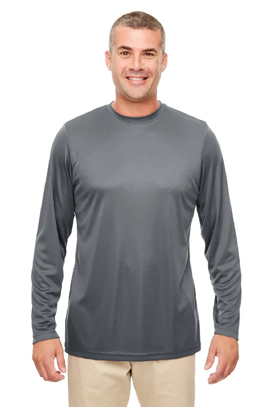 Men’s short-sleeve heft shirts-UltraClub Mens Cool & Dry Performance Moisture Wicking Long Sleeve Crewneck T-Shirt - Charcoal Grey