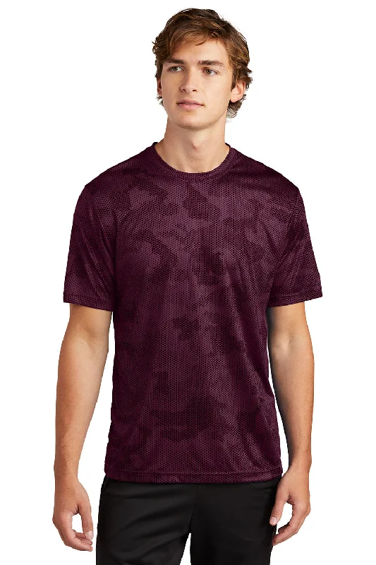 Men’s short-sleeve keel tops-Sport-Tek Mens CamoHex Moisture Wicking Short Sleeve Crewneck T-Shirt - Maroon