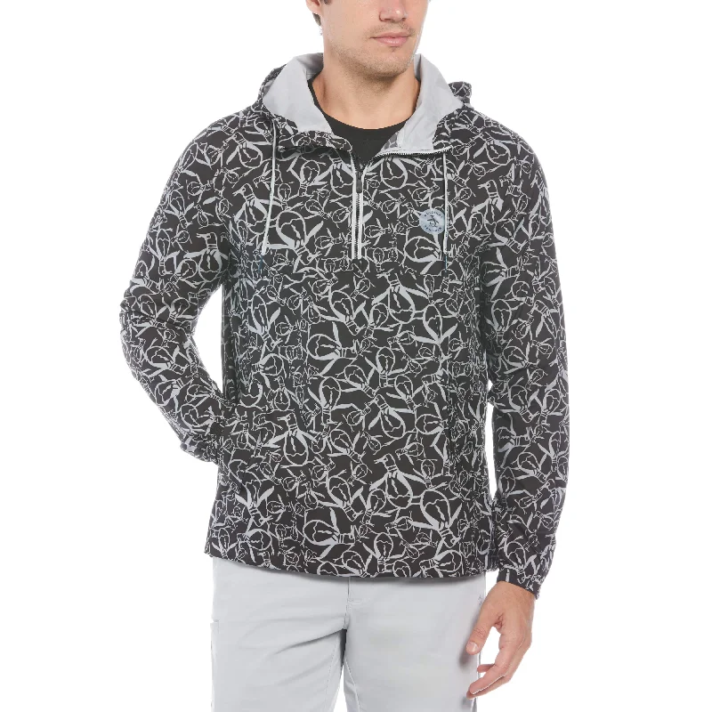 men's jackets with multi-pocket design-1/4 Zip Penguin Print Golf Windbreaker Jacket