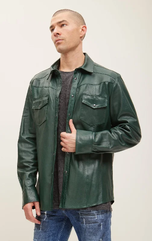 Men’s short-sleeve field shirts-Genuine Lambskin Leather Shirt - Green