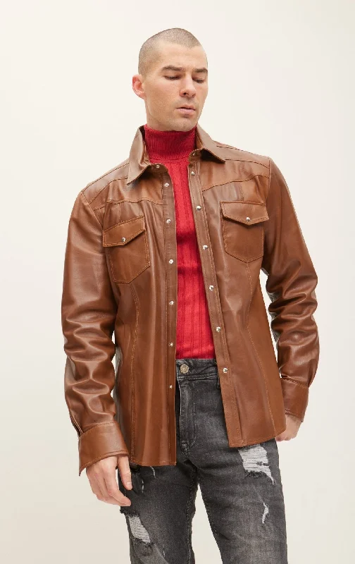 Men’s short-sleeve casual mesh tops-Genuine Lambskin Leather Shirt - Brown