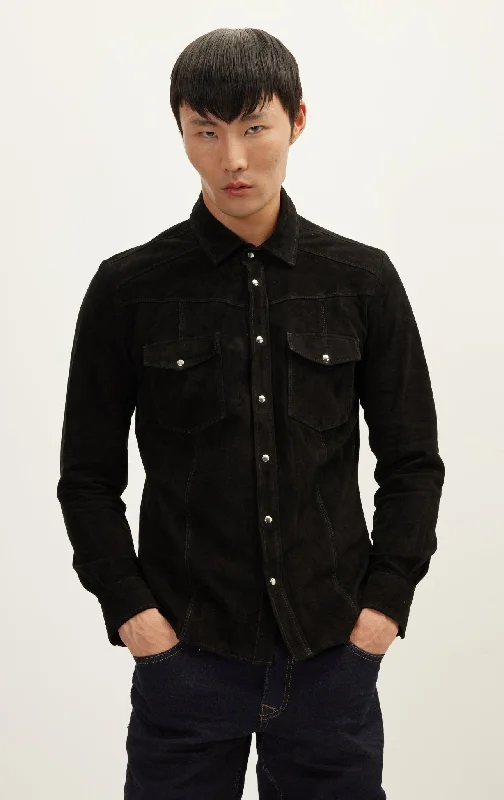 Men’s short-sleeve jute shirts-Genuine Suede Leather Shirt - Black