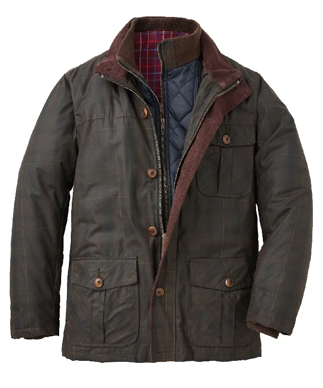 men's jackets with adjustable body fit-Tonal Plaid Waxed Cotton Jacket With Removable Bib