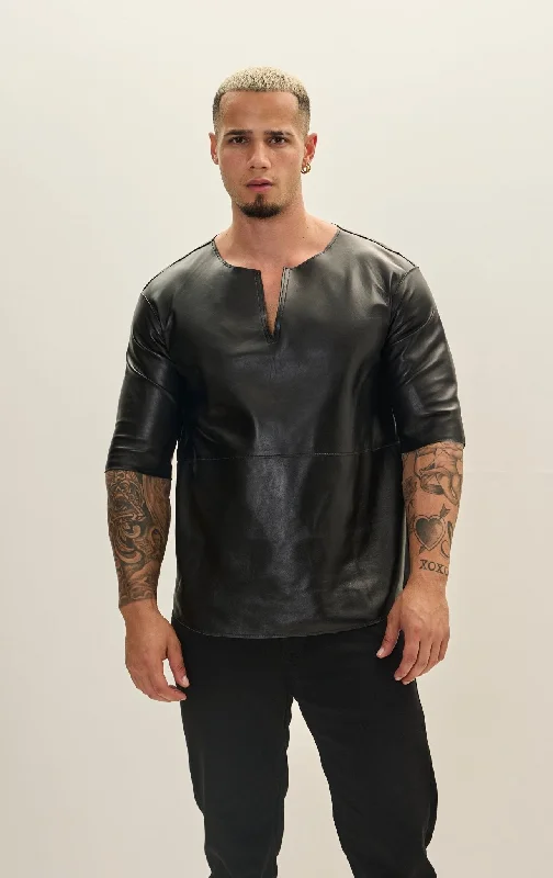 Men’s short-sleeve marled tees-The Lambskin Leather Three Quarter V Neck Shirt - Black