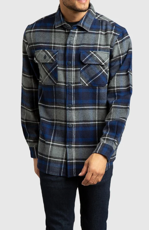 Men’s short-sleeve glint tops-Blue Herringbone Plaid Overshirt