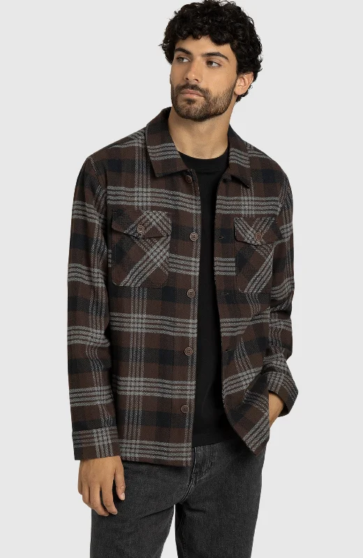 Men’s short-sleeve whorl tees-Chocolate Brown Herringbone Plaid Overshirt