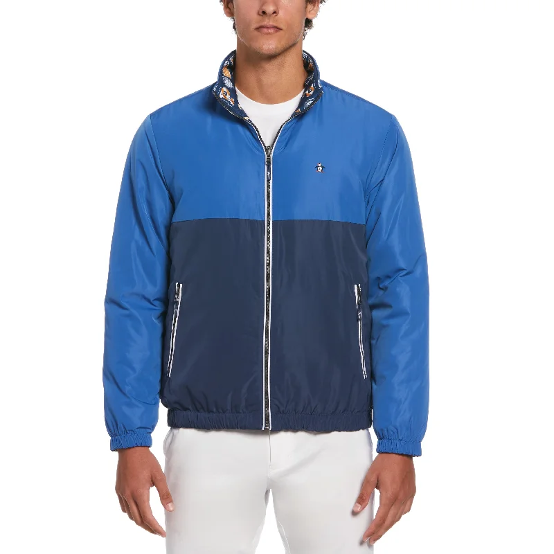 men's jackets with water-resistant lining-Collegiate Print Reversible Full Zip Jacket