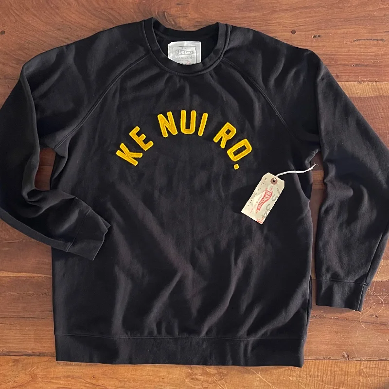 mens hoodie with oversized pockets-Mens Raglan Fleece Black x KE NUI RD. Gold applique