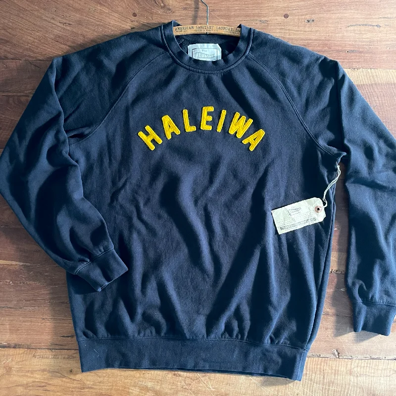 mens hoodie for activewear fashion-Mens Raglan Fleece Navy x Haleiwa Gold applique