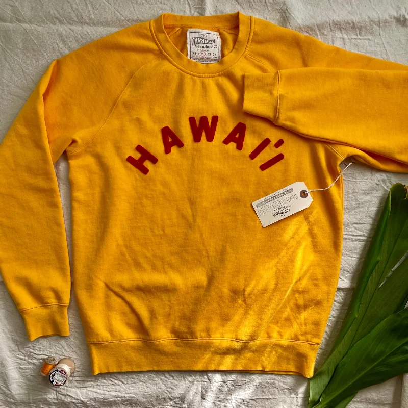 mens hoodie for modern man’s wardrobe-Mens Raglan Fleece Gold x Red Hawai`i Applique.