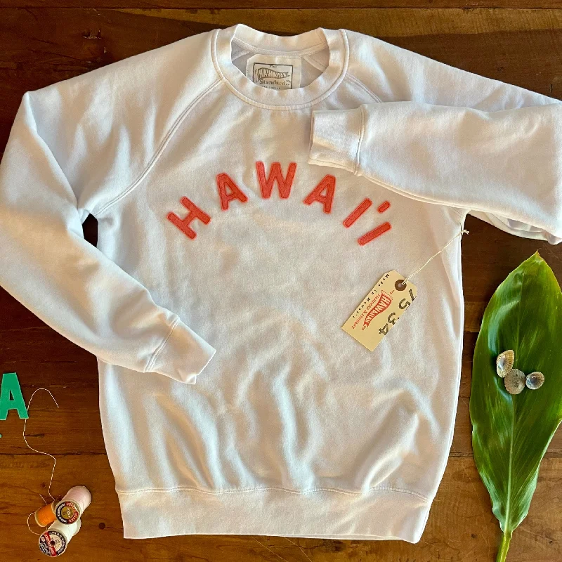 mens hoodie for evening relaxation-Mens-Unisex Raglan Fleece White x Coral HAWAI`I Applique'