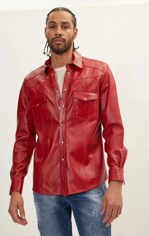 Men’s short-sleeve embossed tees-Genuine Lambskin Leather Shirt - Red