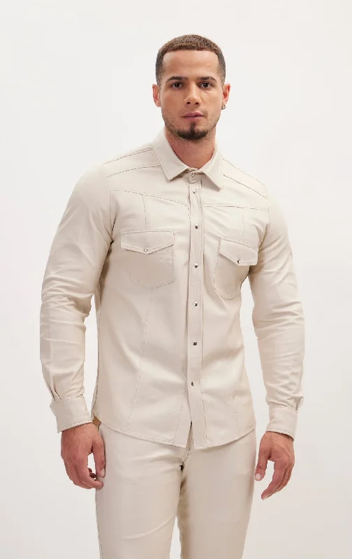 Men’s short-sleeve lithe polos-Genuine Lambskin Leather Shirt - Beige