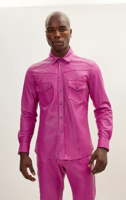 Men’s short-sleeve indigo tees-Genuine Lambskin Leather Shirt - Fuchsia