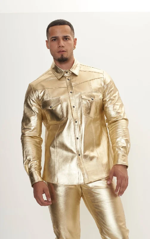 Men’s short-sleeve quirk tees-Genuine Lambskin Leather Shirt - Gold