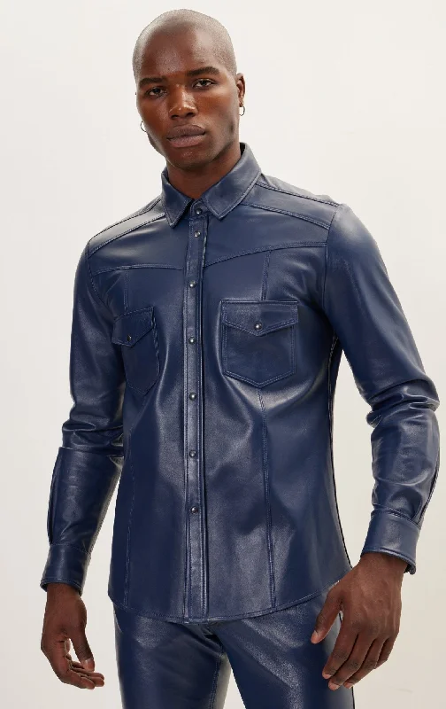 Men’s short-sleeve gauzy tops-Genuine Lambskin Leather Shirt - Navy