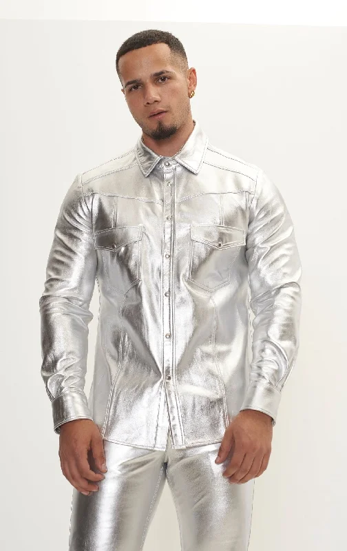 Men’s short-sleeve nifty shirts-Genuine Lambskin Leather Shirt - Silver