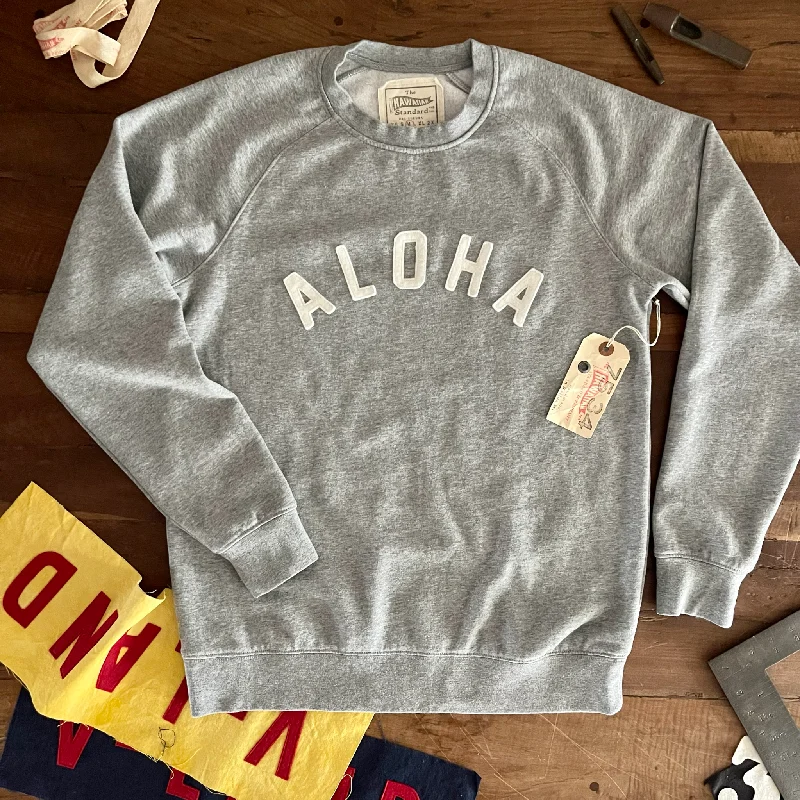 mens hoodie for fitness goals-Mens Raglan Fleece Grey Heather x Ivory Aloha applique