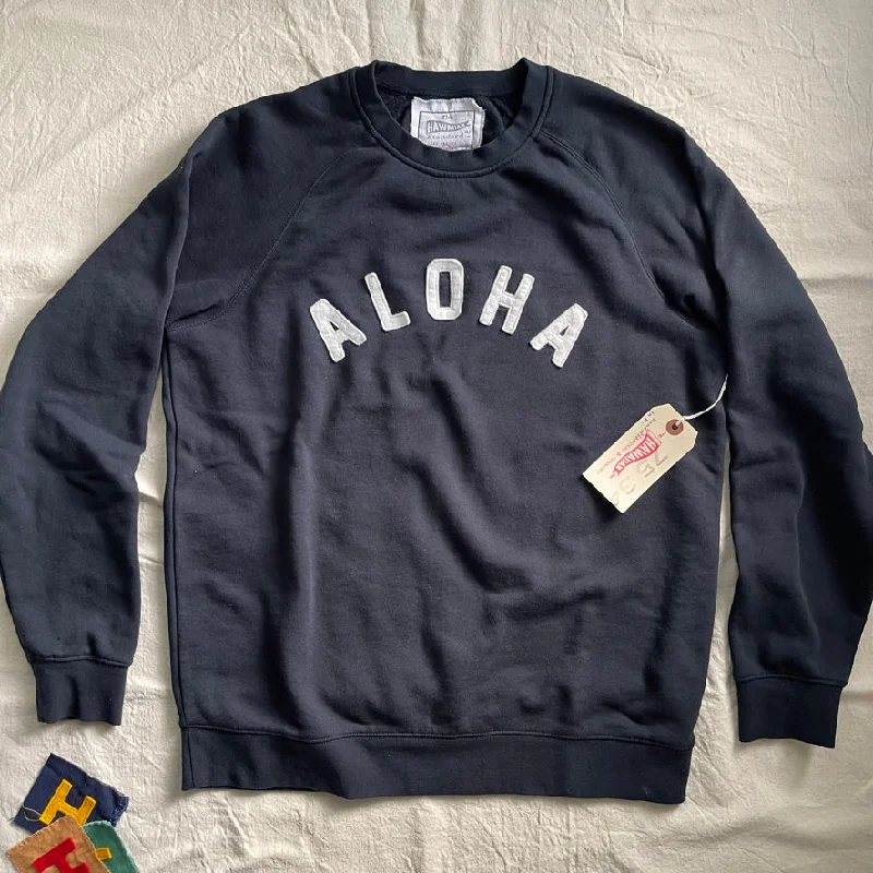 mens hoodie for performance comfort-Mens Raglan Fleece Navy x Ivory Aloha applique