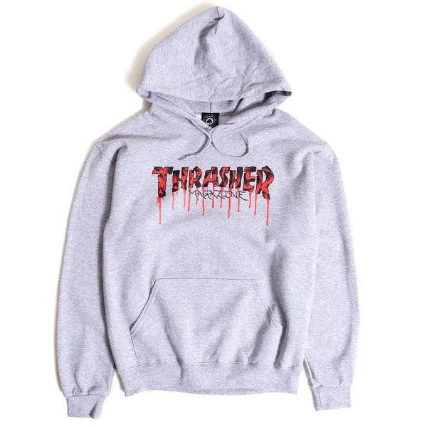 mens hoodie for work-to-play fashion-Thrasher Blood Drip Hoodie Ash Grey