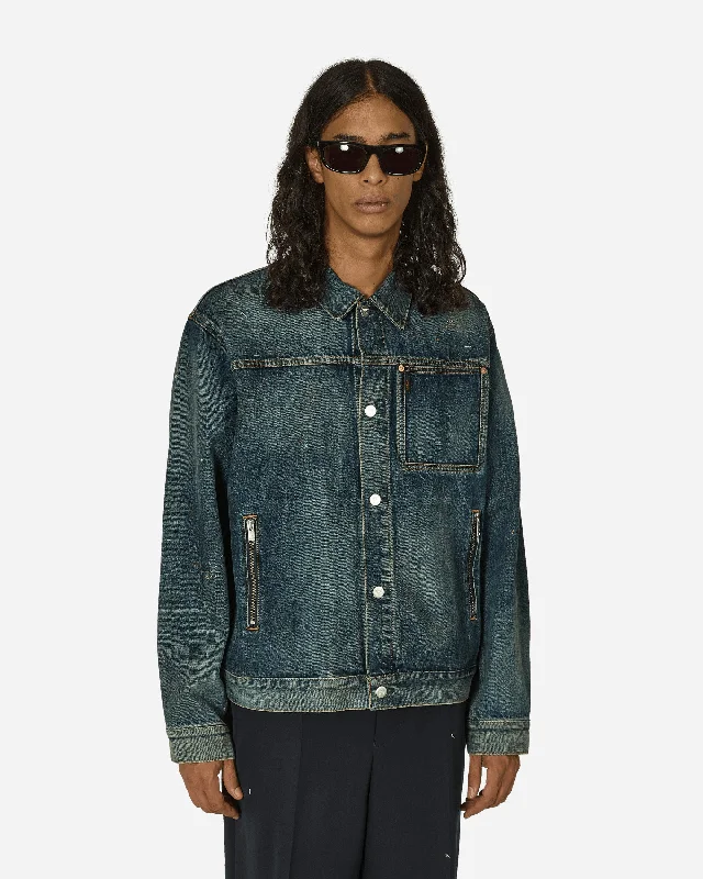 men's jackets with tailored waist fit-Cross Embroidery Distressed Denim Jacket Light Blue Indigo