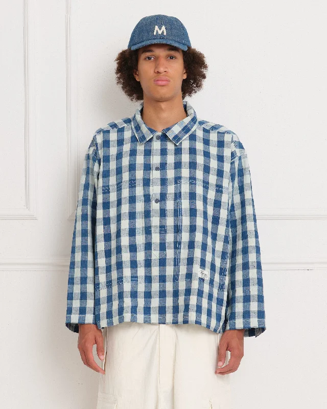 Men’s short-sleeve nook shirts-Work Shirt - Indigo Gingham Wonky-Wear