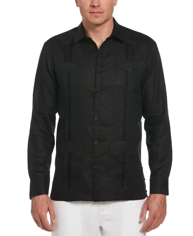 Men’s short-sleeve vane tees-100% Linen Classic Guayabera Shirt - Long Sleeve - Black