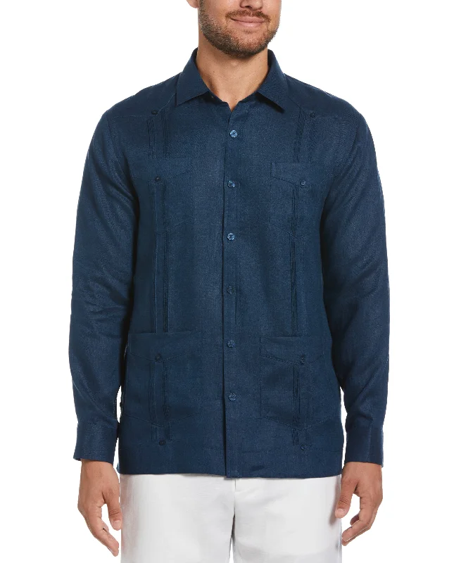 Men’s short-sleeve fawn shirts-100% Linen Classic Guayabera Shirt - Long Sleeve - Titan Blue