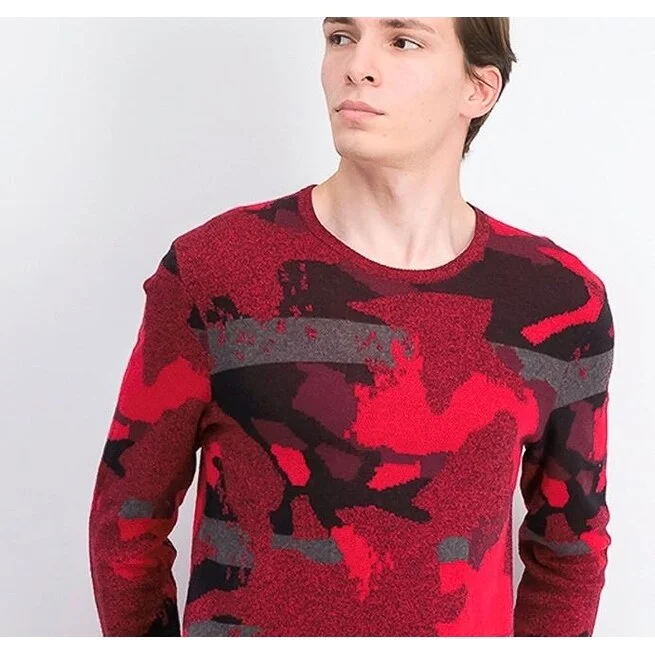 Men's delta sweater-Alfani Men's Abstract Jacquard Crewneck Sweater Red Size Small