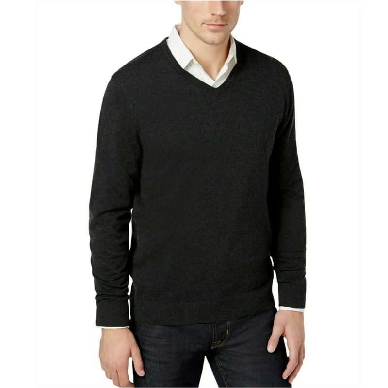 Men's haze sweater-Alfani Men's Solid V-Neck Cotton Sweater Black Size Medium