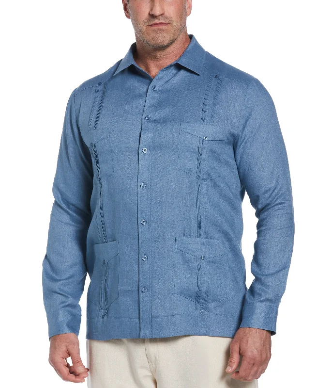 Men’s short-sleeve arch tops-Big & Tall 100% Linen Classic Guayabera Shirt - Long Sleeve