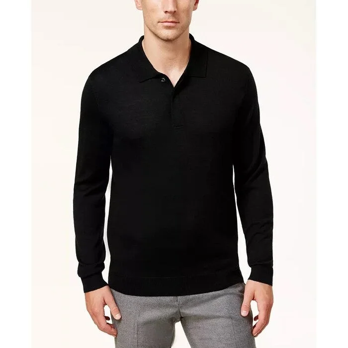 Men's lens sweater-Club Room Men's Merino Wool Blend Polo Sweater Black Size Large