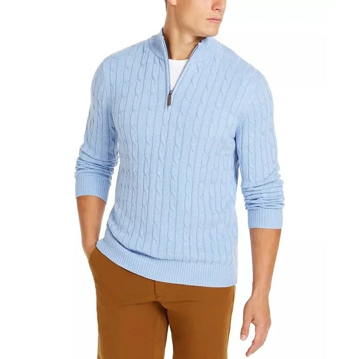 Men's recycled cashmere sweater-Club Room Men's Pima Cable Quarter Zip Sweater Blue Size Small