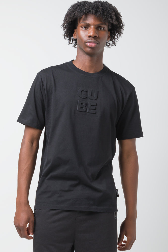 Men’s short-sleeve rush tees-Embossed Cube Slogan T-shirt Black