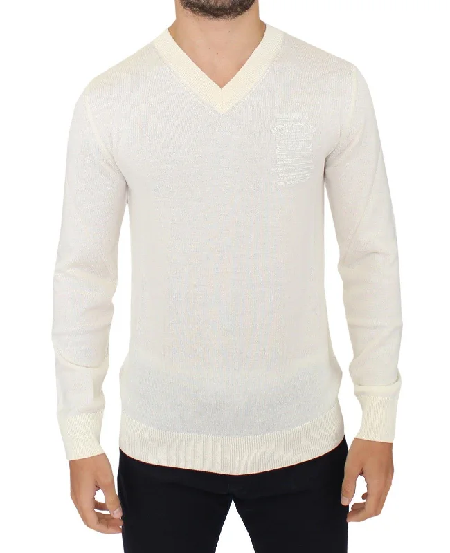 Men's ode sweater-Ermanno Scervino ivory Wool Blend V-neck Pullover Men's Sweater